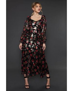 Dorothy Perkins Floral Ruffle Long Sleeve Chiffon Metallic Midi Dress - Black
