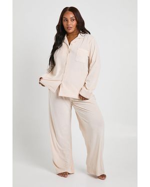 Boohoo Plus Rib Velour Trouser Pj Set - Natural