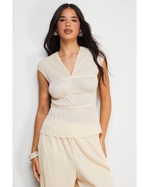 Warehouse Plisse Seam Detail Asymmetric Hem Top - Natural