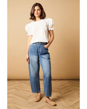Oasis Broderie Trim Detail Puff Sleeve Blouse - Blue