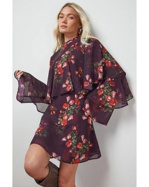 Oasis Ruffled Cape Sleeve Mini Dress - Red
