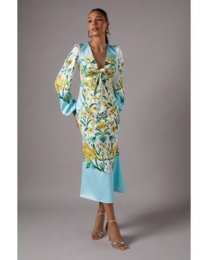 Coast Printed Tie Front Long Sleeve Midi Wedding Guest Dress - Gray