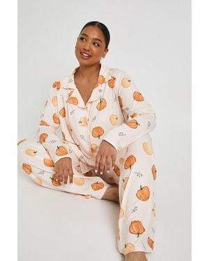 Boohoo Plus Halloween Pumpkin Print Shirt & Trouser Pj Set - Orange