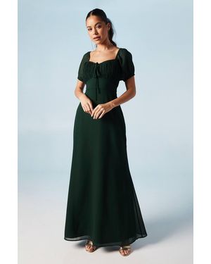 Oasis Ruched Bodice Puff Sleeve Chiffon Maxi Bridesmaid Dress - Blue