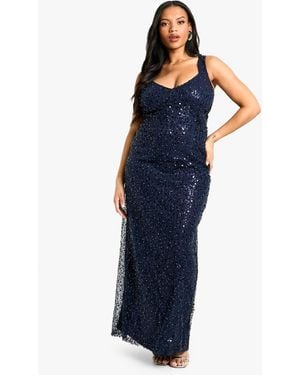 Boohoo Plus Beaded Sequin Plunge Maxi Dress - Blue