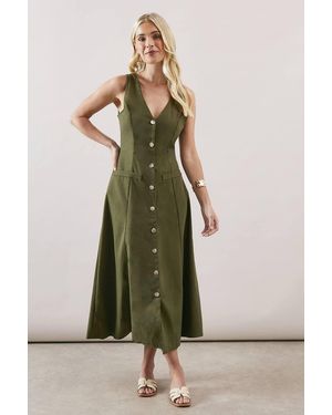 Wallis Petite Linen Button Through Midi Dress - Green
