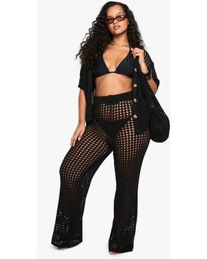 Boohoo Plus Beach Knit Wide Leg Trouser - Black