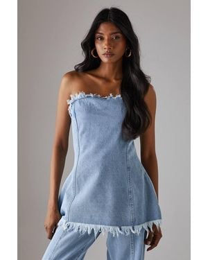 Warehouse Fray Detail Denim Bandeau Top - Blue