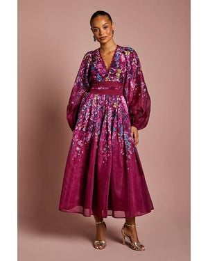 Coast Petite Organza Floral Placement Lace Trim Midaxi Dress - Red