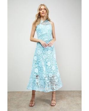 Oasis Lace Detail High Neck Midi Dress - Blue
