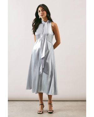 Wallis Occasion Metallic Tie Neck Midi Dress - Gray