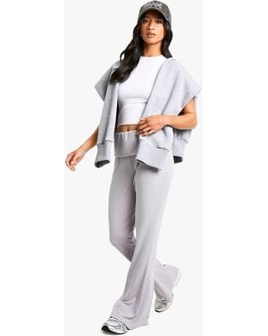 Boohoo Petite Fold Over Waistband Soft Rib Flare Trouser - White