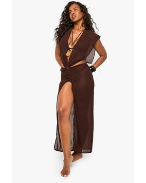 Boohoo Metal Trim Chiffon Cut Out Maxi Beach Dress - Brown