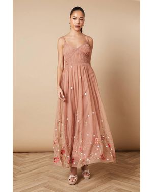 Oasis Hand Embellished Floral Detail Tulle Midi Dress - Natural