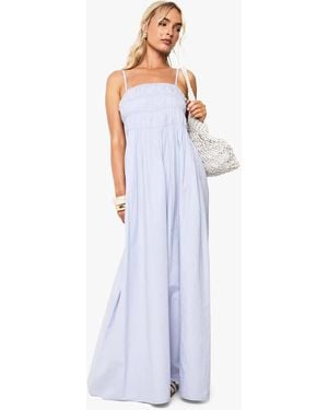 Boohoo Cotton Poplin Shirred Maxi Dress - Blue