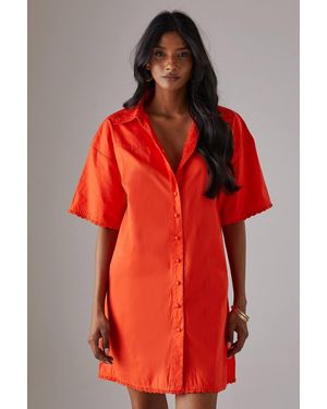 Warehouse Poplin Crochet Trim Western Mini Shirt Dress - Red