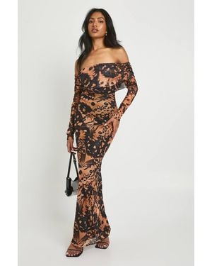 Boohoo Abstract Printed Bardot Maxi Dress - Brown