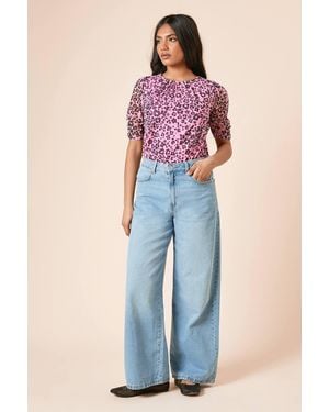 Dorothy Perkins Petite Animal Gathered Neckline Puff Sleeve Mesh Jersey Top - Blue