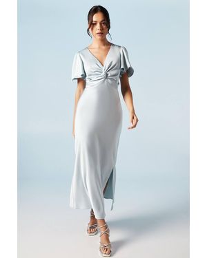 Oasis Satin Twist Front Angel Sleeve Midi Bridesmaid Dress - Blue