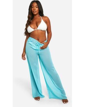 Boohoo Plus Drawstring Tie Beach Pants - Blue