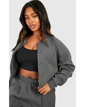 Boohoo Plus Tailored Relaxed Fit Popper Bomber Jacket - Gray