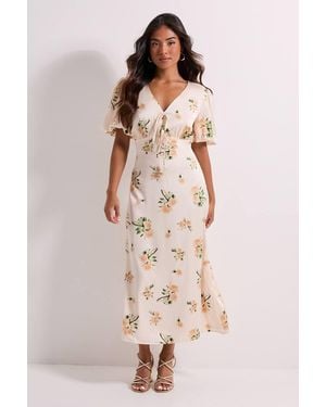 Dorothy Perkins Petite Floral Tie Front Button Down Puff Sleeve Midi Dress - Natural