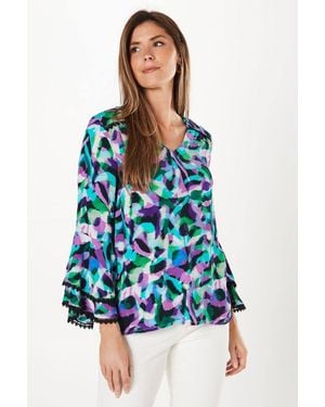 Wallis Abstract Print Double Fluted Sleeve Top - Blue