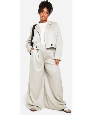 Boohoo Plus Textured Pleat Front Extreme Wide Leg Trouser - Natural