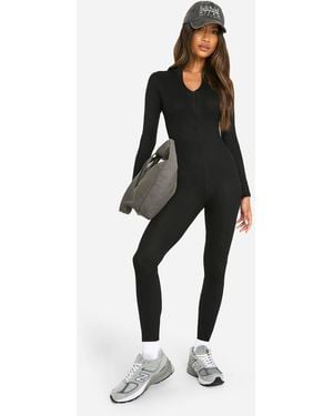 Boohoo Basic Ribbed Zip Up Skinny Jumpsuit - Black