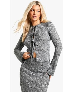 Boohoo Marl Rib Tie Front Long Sleeve Flare Top - Gray