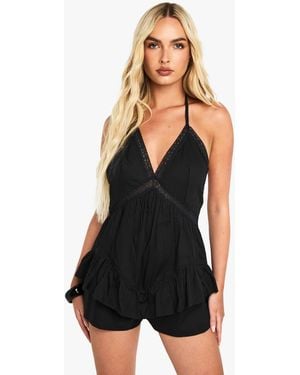 Boohoo Cotton Halterneck Ruffle Lace Trim Romper - Black