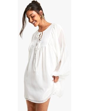 Boohoo Crinkle Chiffon Smock Dress - White