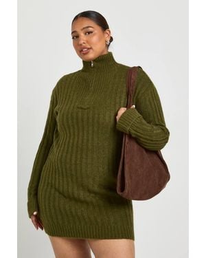 Boohoo Plus Soft Knit Thick Rib Zip Neck Oversized Mini Dress - Green