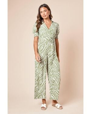Dorothy Perkins Zebra Wrap Front Puff Sleeve Jumpsuit - Natural