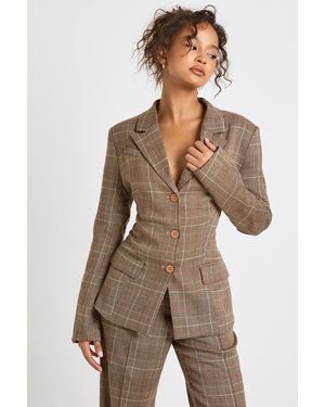 Boohoo Tonal Check Cinched Waist Blazer - Brown
