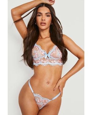 Boohoo Embroidery Bralette And Thong Set - Brown
