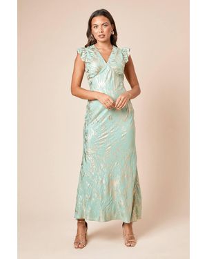 Dorothy Perkins Dp Luxe Metallic Frill Shoulder Maxi Dress - Green
