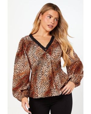 Dorothy Perkins Animal Sleeve Lace Trim Button Front Tea Blouse - Brown
