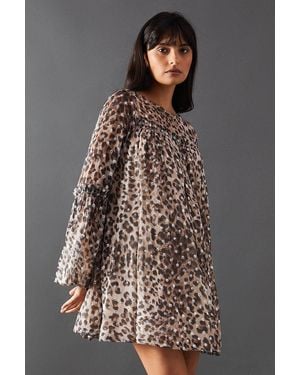 Warehouse Metallic Jacquard Dobby Flared Sleeve Mini Dress - Brown