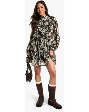 Boohoo Print Chiffon Long Sleeve Mini Dress - Black