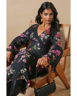 Oasis Watercolor Floral Chiffon Ruffle Midi Dress - Black