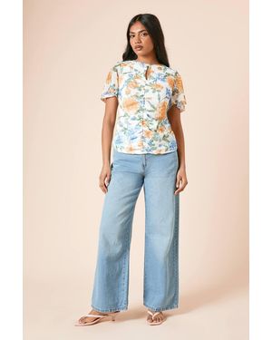 Dorothy Perkins Petite Ivory Floral Keyhole Ruched Front Angel Sleeve Jersey Mesh Top - Blue