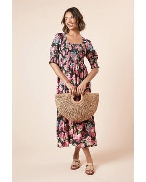 Dorothy Perkins Floral Shirred Bodice Puff Sleeve Square Neck Midi Dress - Pink