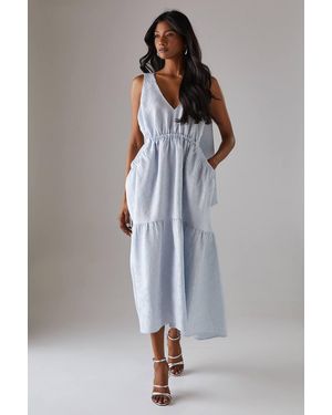 Warehouse Jacquard Plunge Tie Pocket Midi Dress - Gray
