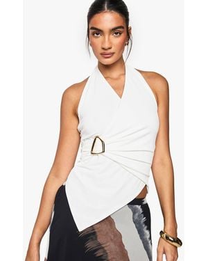 Boohoo Slinky Ring Detail Wrap Halterneck Top - White