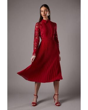 Coast Long Sleeve Lace And Pleated Midi Shirt Dress - Red