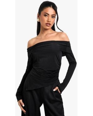 Boohoo Slinky Bardot Ruched Front Long Sleeve Top - Black