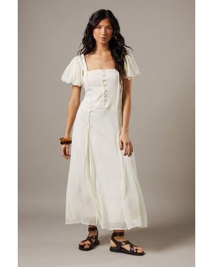 Warehouse Dobby Chiffon Button Bodice Godet Seam Midi Tea Dress - Natural