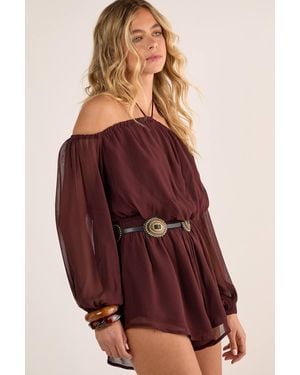 Nasty Gal Halter Neck Bardot Balloon Sleeve Floaty Romper - Red