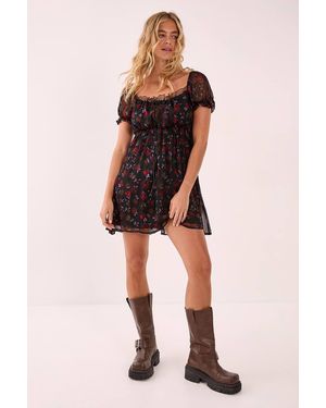 Nasty Gal Floral Lace Insert Ribbon Puff Sleeve Mini Dress - Black
